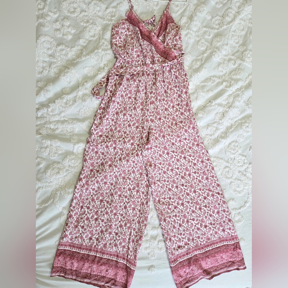 Wide Leg Pink+Purple Feminine Floral V- Neck Jumpsuit Boho Sz Small